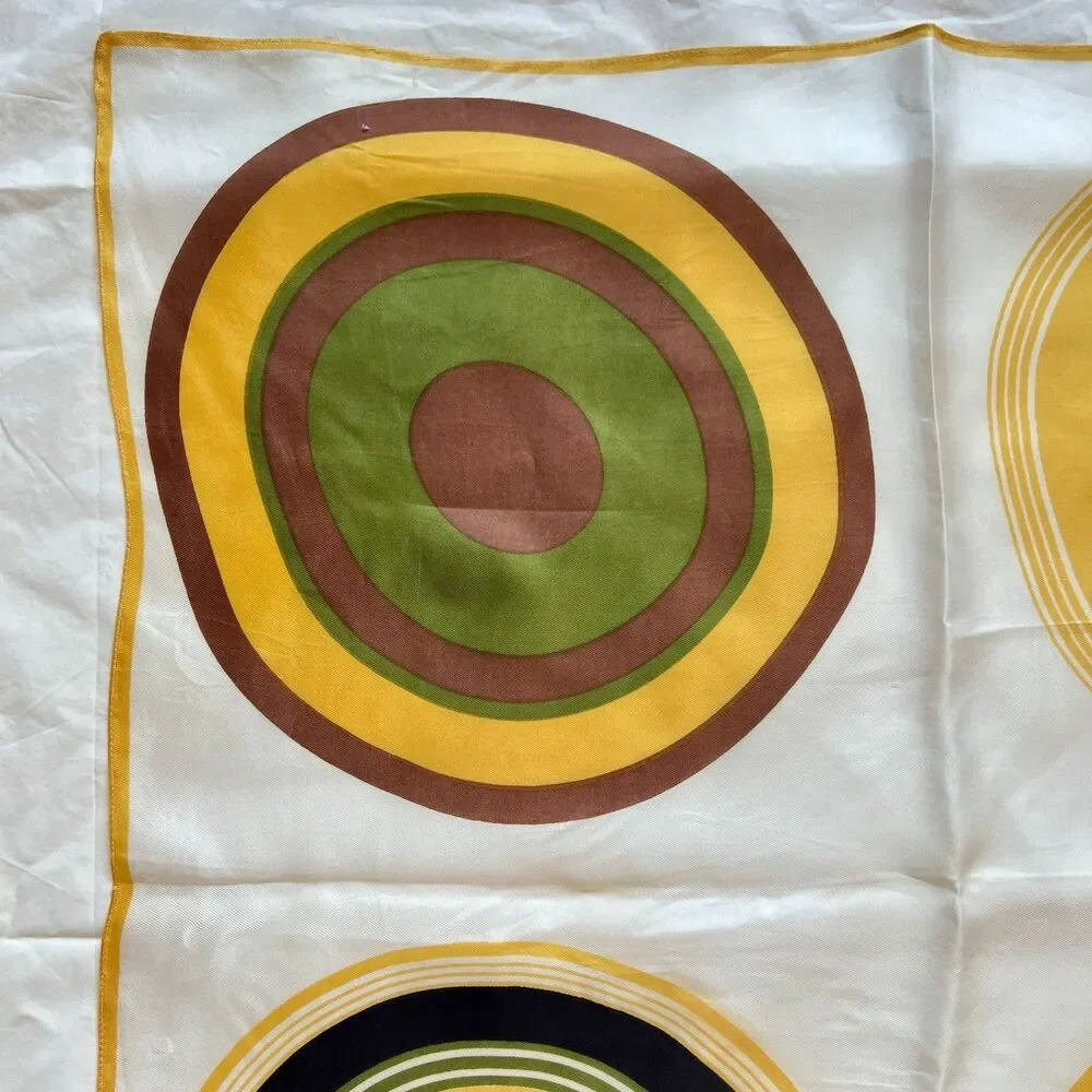 Vtg Ricardo scarf 70s geometric circles square browns, greens